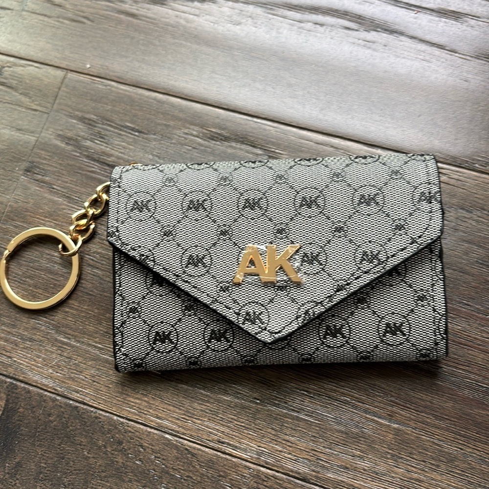 Anne Klein Gray Monogram Card Holder Wallet with Gold Hardware